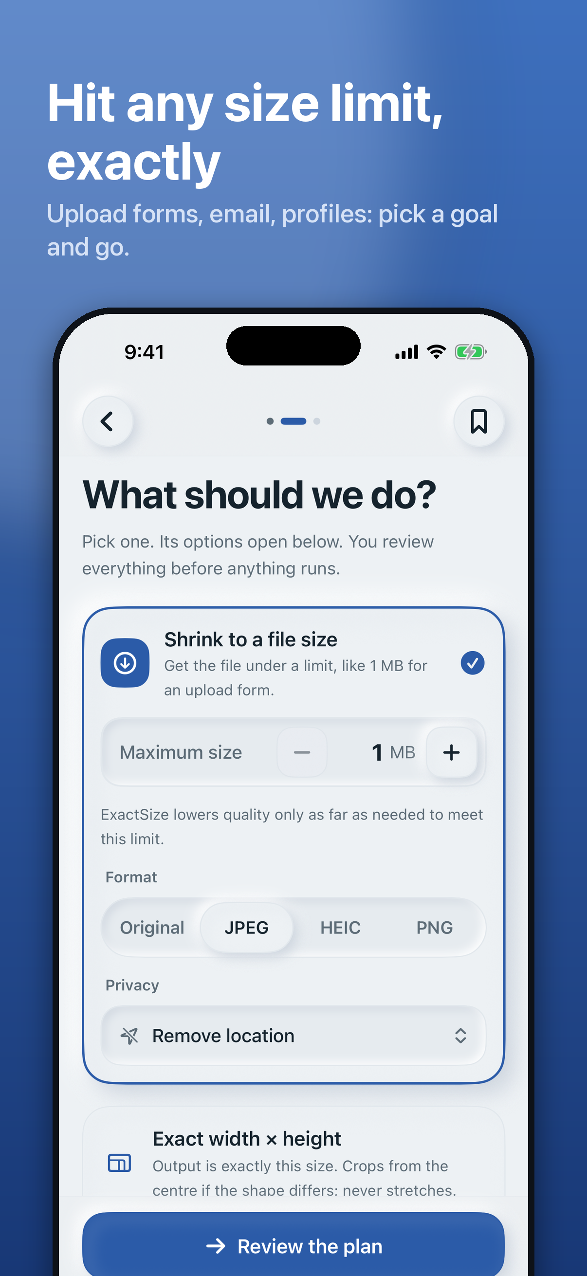 ExactSize requirement settings screen