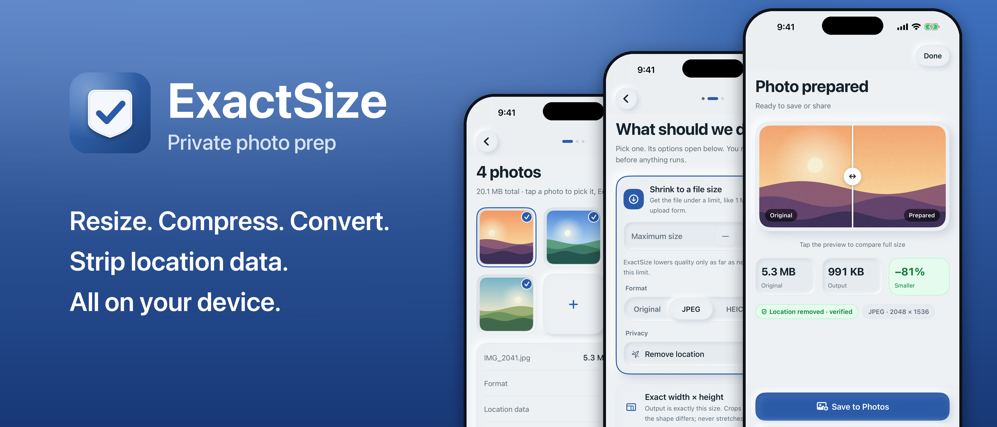 ExactSize photo preparation screens on iPhone and iPad