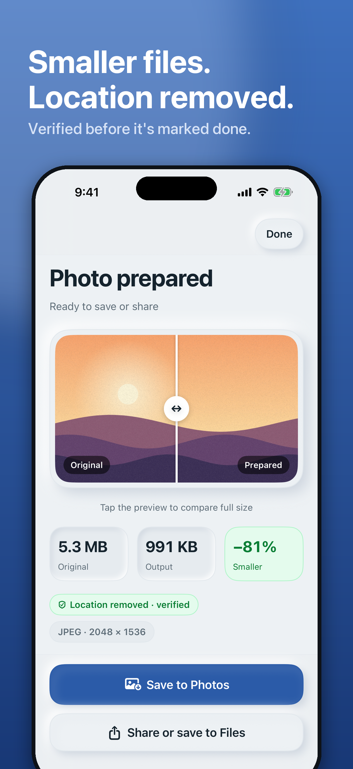 ExactSize results screen showing a prepared photo